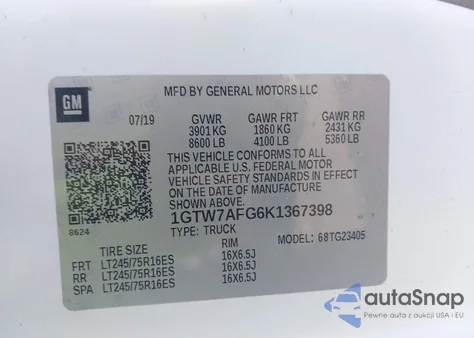 2019 GMC Savana 2500 Work Van z USA, uszkodzony, nr VIN 1GTW7AFG6K1367398